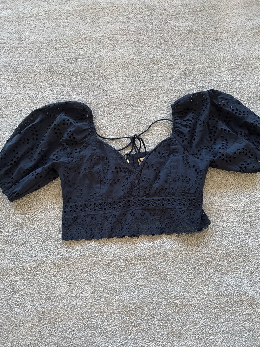 Altar'd State Navy Eyelet Lace-Up Puff-Sleeve Crop Top